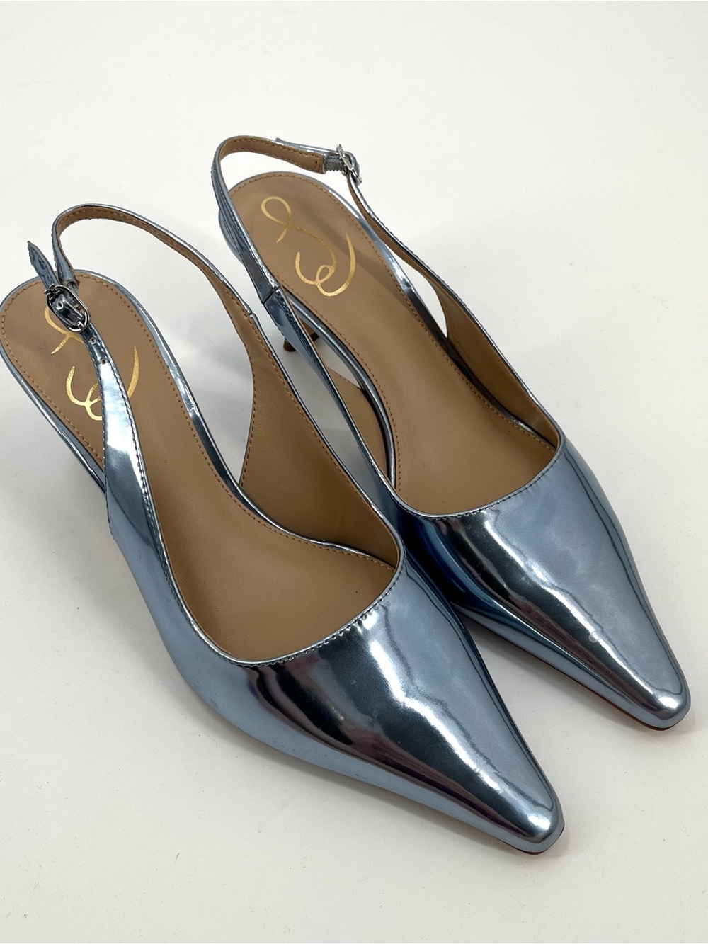 SAM EDELMAN Bianka Sling Back Pump Heel Chrome Metallic Silver Blue 7 Pointy Toe